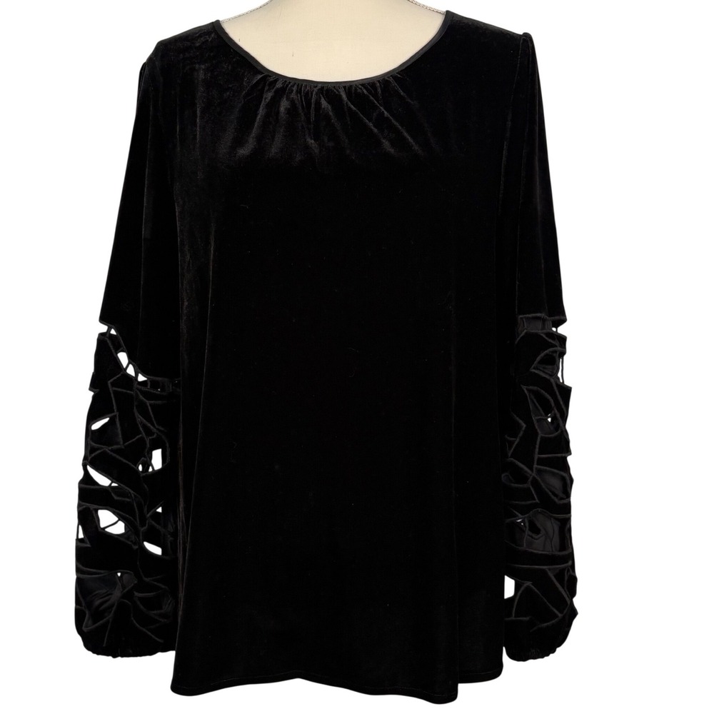 Joie Womens XL Black Velvet Lattice Cutout Long Sleeve‎ Blouse Scoop Neck Top